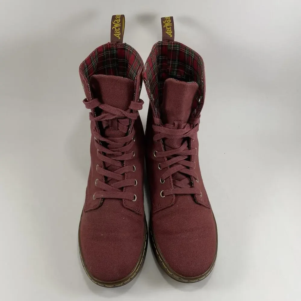 Dr Martens Docs Stratford Canvas Fold Over Boots Womens Size 6 Red Tartan Inlay